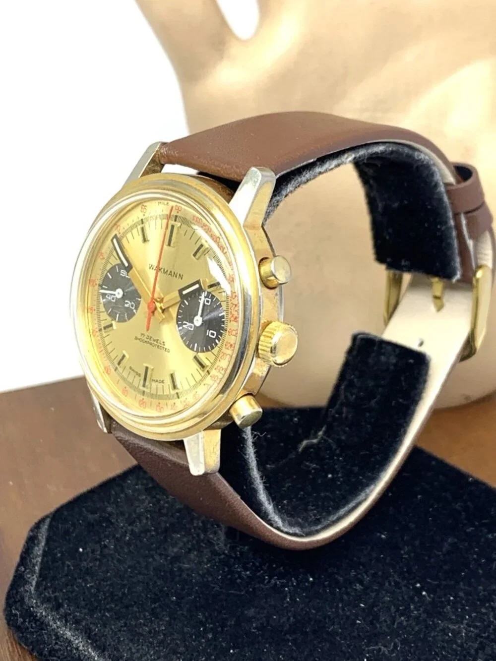 Wakmann Men's Watch Vintage Swiss Manual Wind 1376 Chronograph Gold Dial 37mm